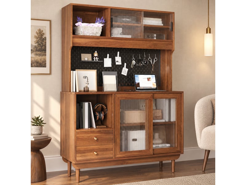 Buffet de cuisine meuble 120x50x170cm, avec portes coulissantes en verre et 2 tiroirs,rangement généreux buffet salon - Conforama B