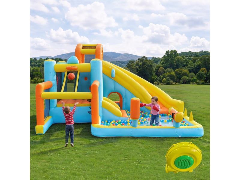 Château Gonflable 6 En 1 Avec Toboggan, Piscine, Trampoline, Mur D'escalade, Panier Basket – 360x340x218 Cm – 4 Enfants – 3-8 Ans – Pompe 450W Incluse