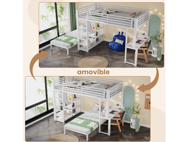 Lit mezzanine 90 × 200 cm 2 places avec bureau, prise usb et type-c, 4 étagères, sans matelas, blanc - Conforama E