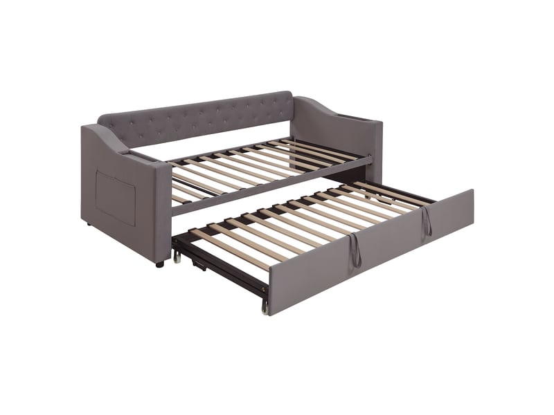  Canapé-lit rembourré 90180x190 cm, lit gigogne avec port de chargement usb, lit double avec rangement intégré, velours, gris foncé  - Conforama B