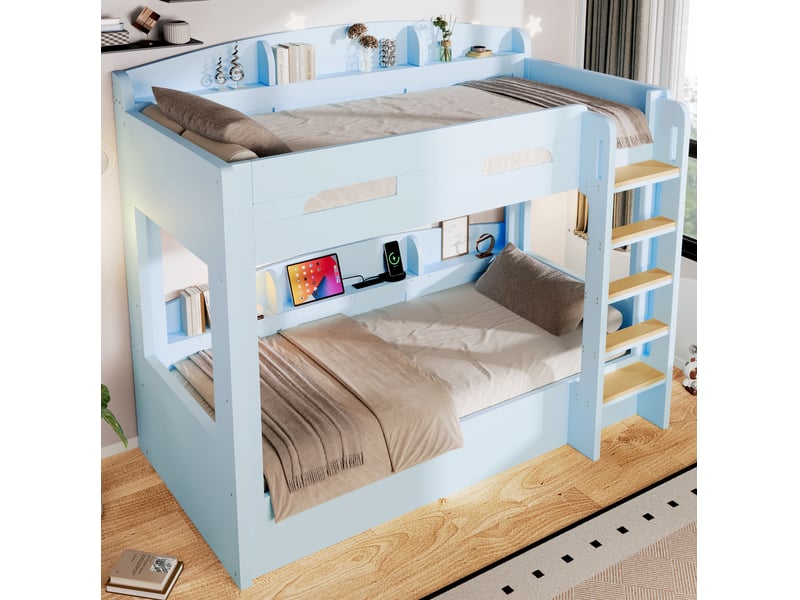 Lit superposé 90 × 200 cm avec prise usb, rangements ouverts, échelle latérale, bleu clair pour chambre d'enfant - Conforama D