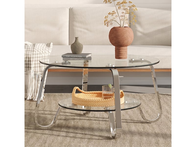 Table basse ronde en verre trempé à double plateau, métal argenté, 80x45cm  - Conforama B