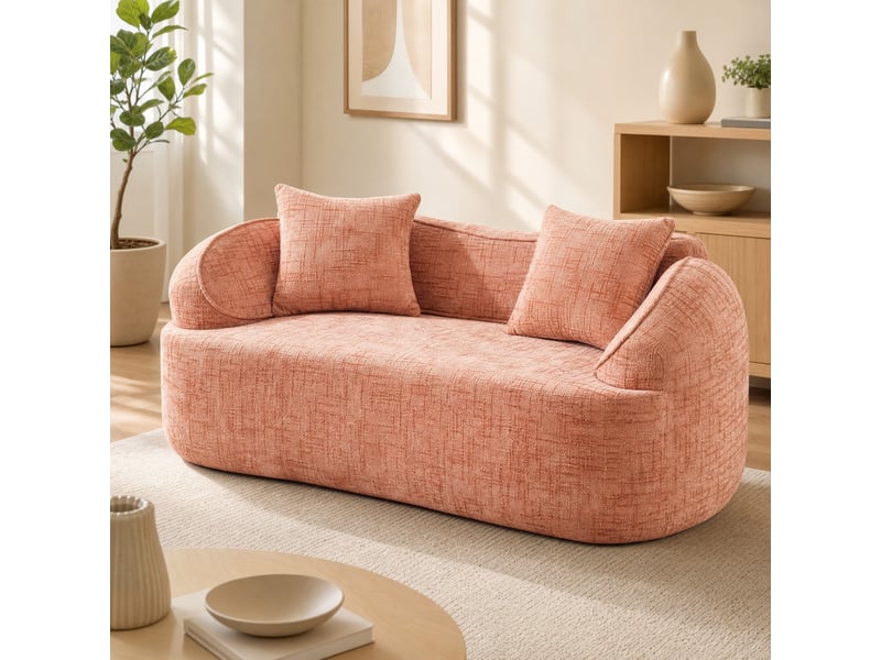  Canapé 2 places modenvie courbé rose 170 x 87 x 65 cm en chenille avec 2 coussins  - Conforama B