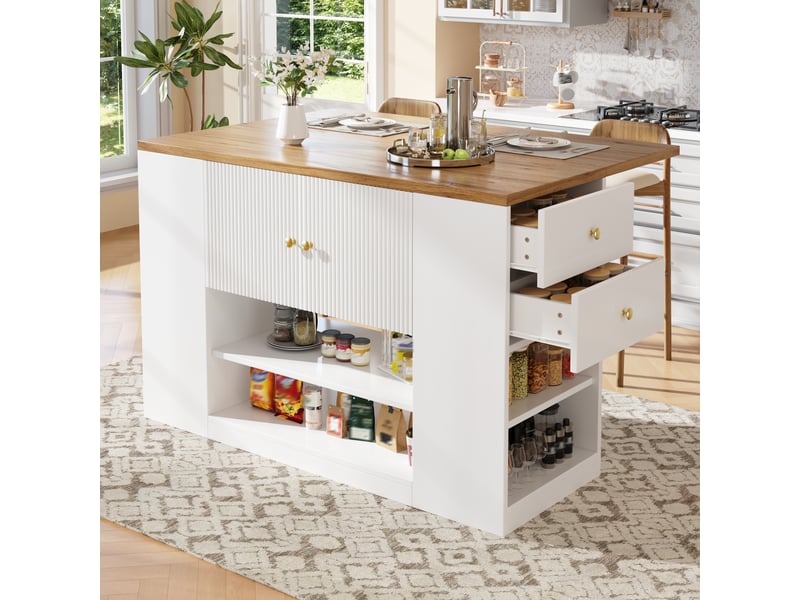  Îlot de cuisine blanc moderne avec table rabattable, meuble de rangement multifonction avec tiroirs et étagères, 140x70x90cm  - Conforama B