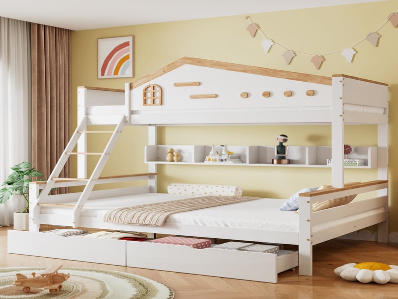 Lit superposé enfant 90x200140x200 cm, barrière sécurité, 2 tiroirs, échelle 4 marches, pinmdf, blanc naturel - Conforama B