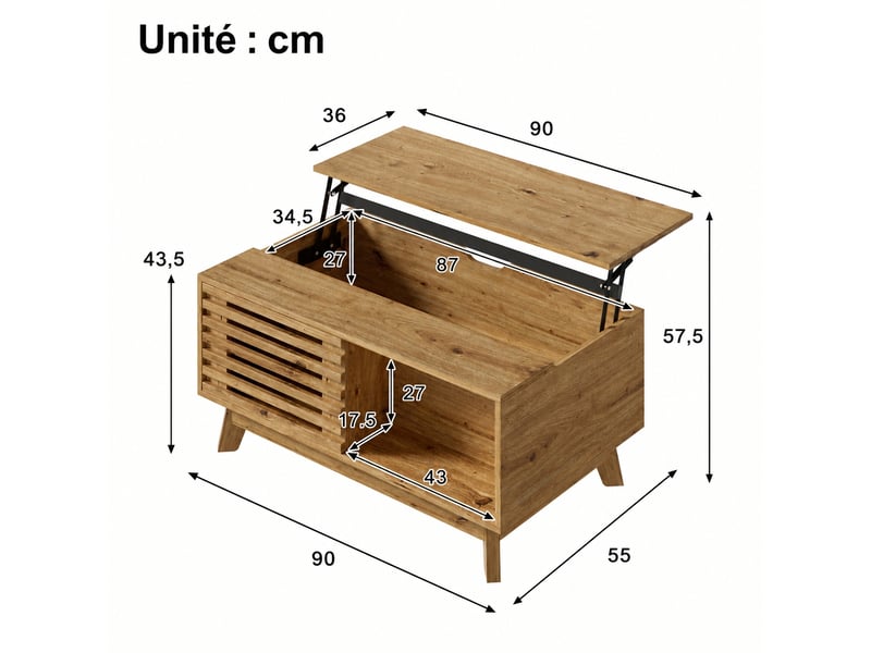  Table basse relevable effet bois avec rangement et porte persienne coulissante, 90 x 55 cm  - Conforama C