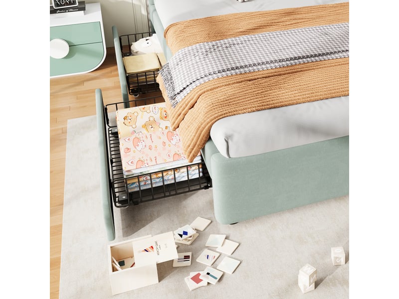  Lit rembourré pour enfants 140x200cm - avec 4 tiroirs - avec sommier à lattes - tissu velours - vert clair (sans matelas)  - Conforama R
