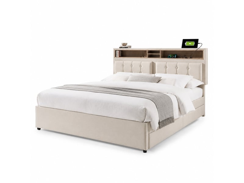  Lit double 140x200 cm avec 4 tiroirs, tête de lit réglable et usb-c, beige clair  - Conforama A