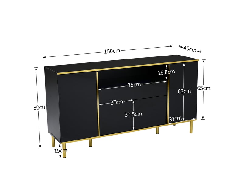  Buffet 4 portes et 1 tiroir led pour salon en mdf et panneaux de particules 150×40×80 cm noir brillant  - Conforama E