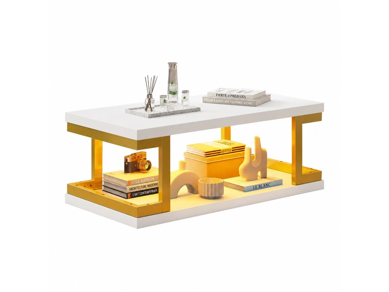 Table basse led blanche et dorée, rectangulaire 100 x 50 x 37,5 cm, rangement ouvert - Conforama A