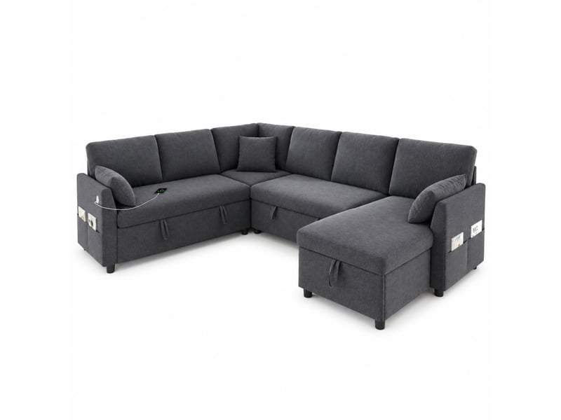  Canapé d’angle convertible 6 places 255 x 196 x 85 cm, réversible, 2 coffres de rangement, usbusb-c, 3 coussins, gris  - Conforama A