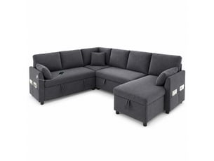 Canapé d'angle réversible convertible   6 places Tissu gris avec coffre de rangement