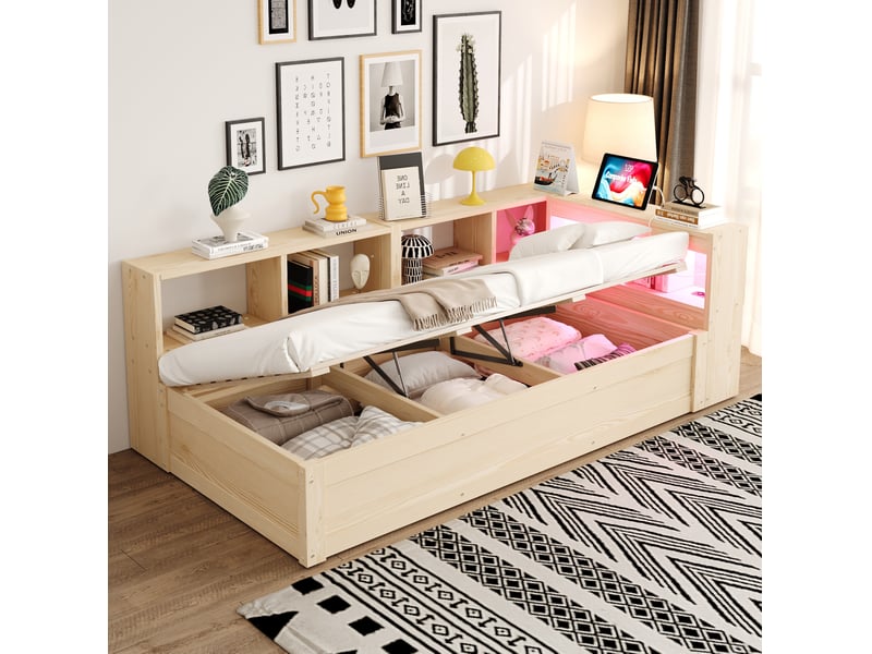  Modenvie lit coffre 90x200 cm - avec led, prise intégrée et rangements - pour petit espace - naturel  - Conforama B