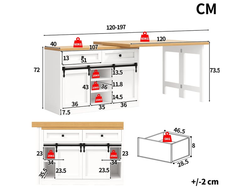  Meuble de rangement de cuisine pivotant à 360° avec 2 portes coulissantes, 2 tiroirs et étagères réglables pour cuisine et salle à manger, 120 × 40 × 72 cm  - Conforama D