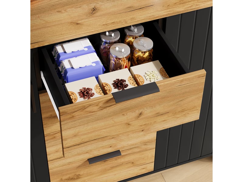  Îlot de cuisine roulant avec plan de travail rabattable, 4 tiroirs, mdf noir et bois 120 x 70 x 90 cm  - Conforama C