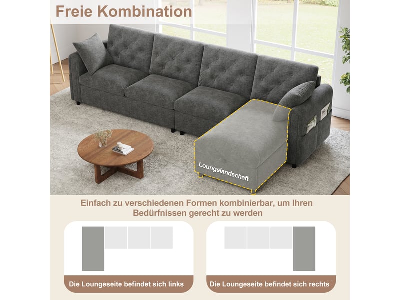 Canapé d'angle convertible en tissu, gris 4 places avec coffre de rangement, canapé réversible avec poches latérales pour salon moderne. - Conforama E