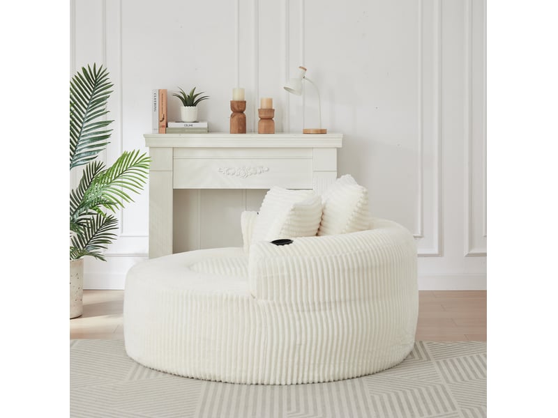  Fauteuil lounge rond 1 place en velours côtelé – beige – 3 coussins, porte-gobelets et poches latérales  - Conforama D