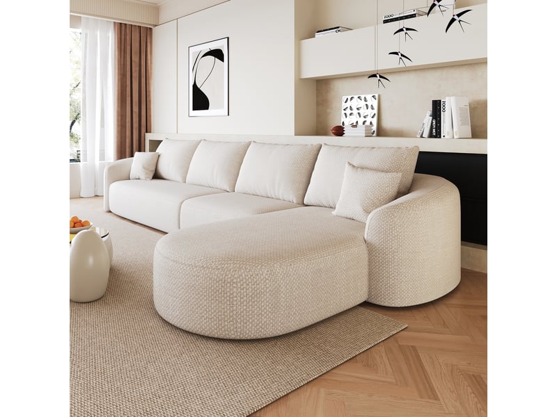  Canapé d’angle droit en l 5 places 336x168x85 cm, modulable sans structure en mousse compressée, sans montage, salon chambre, chenille, blanc Sol Morn - Conforama D