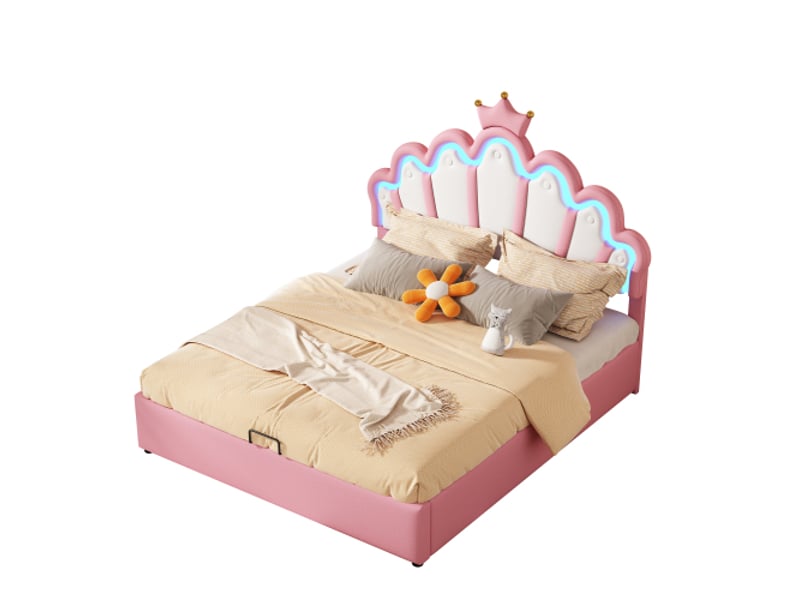  Lit coffre 140x200 cm, lit double  avec rangement et éclairage led réglable, en cuir artificiel, rose, sans matelas  - Conforama A