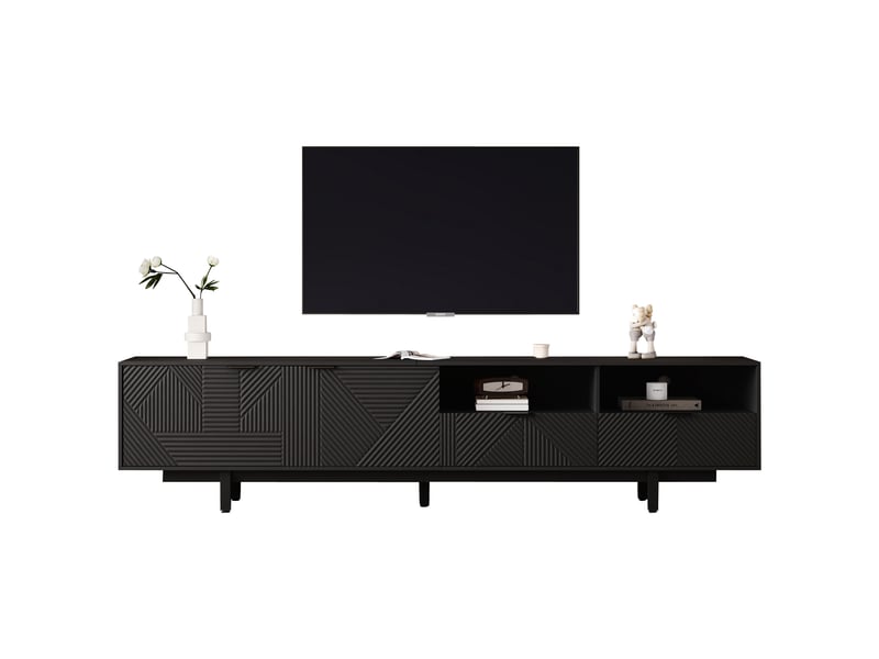  Meuble tv 200 cm noir pour tv jusqu'à 90 pouces - rangement portes et passe-câbles - design bohème moderne  - Conforama A