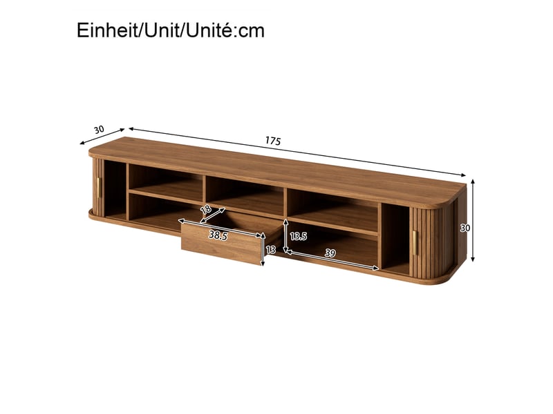  Meuble tv 175x30x30 cm, suspendu, extensible, éclairage led, commande par application, 1 tiroir, grand rangement pour salon - noyer  - Conforama C