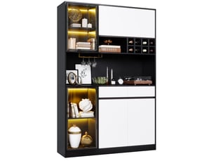 Vaisselier haut avec vitrine, led et casier à bouteilles - rangement en mdf noir et blanc 120 × 35 × 180 cm