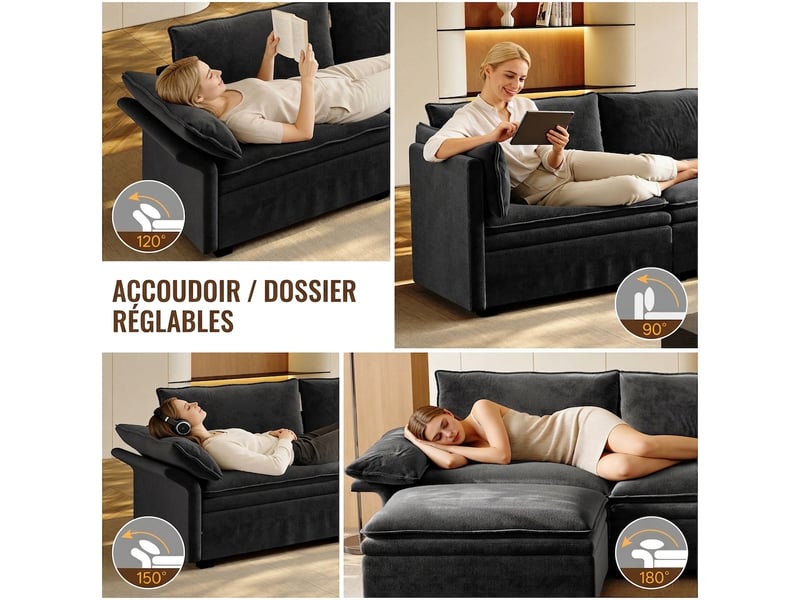 Canapé d'angle modulable en chenille 315 cm recharge sans fil et lumière avec rangement - Conforama R