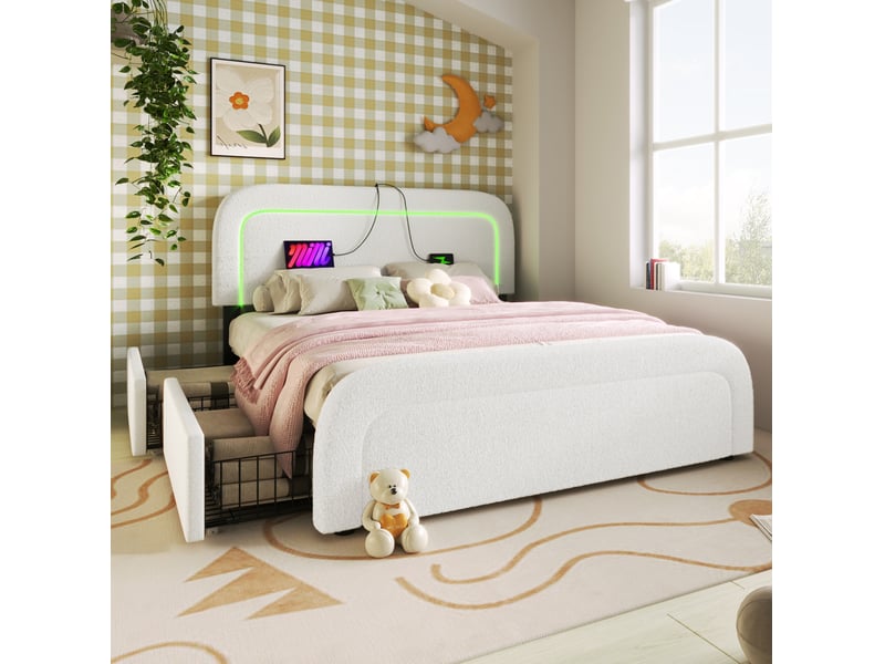 Lit double 160x200 cm en sherpa blanc avec usb-c, led, 4 tiroirs et matelas inclus - Conforama B