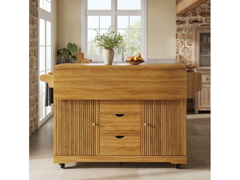  Desserte de cuisine avec 3 tiroirs, 2 portes et plateaux rabattables sur roulettes freinées 142,5 × 80 × 95 cm  - Conforama D