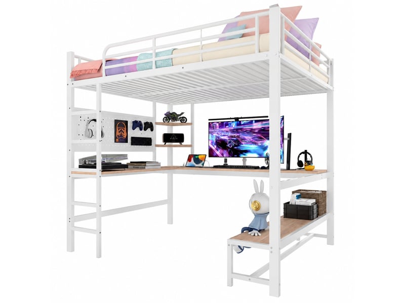 Lit mezzanine 200×140 cm avec bureau, rangements, éclairage led et prise usb-c, sans matelas, blanc - Conforama A