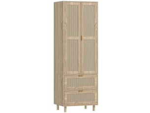 Armoire chambre penderie avec 2 portes en rotin, 2 tiroirs et barre de suspension, 63 x 47 x 185 cm, bois naturel