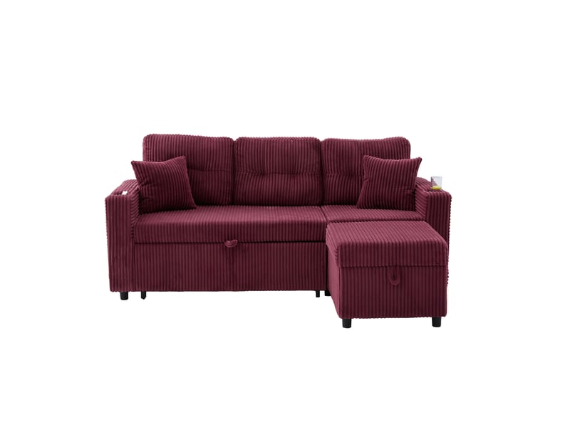  Canapé 3 places 196x82–144x85cm prise usb‑c intégrée éclairage led coussins moelleux velours côtelé rouge bordeaux  - Conforama A