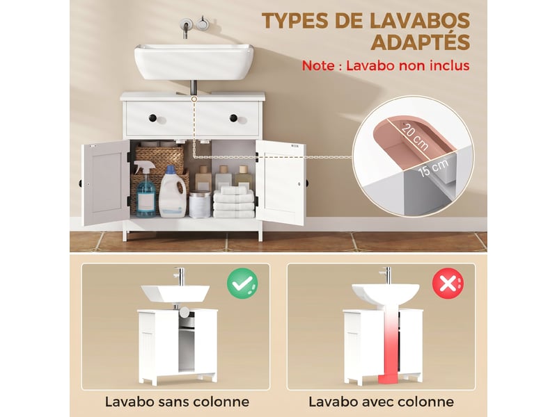  Meuble sous lavabo blanc 60 cm, sur pied avec tiroir et 2 portes  - Conforama R
