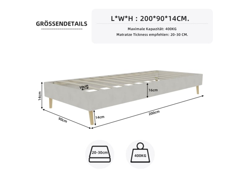  Lit enfant 90x200 cm avec sommier bas, sans tête de lit et matelas non inclus, beige  - Conforama C