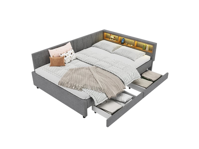  Lit de jour 140x200 canapé-lit gris en lin avec éclairage led, 2 tiroirs et ports usbtype-c  - Conforama A
