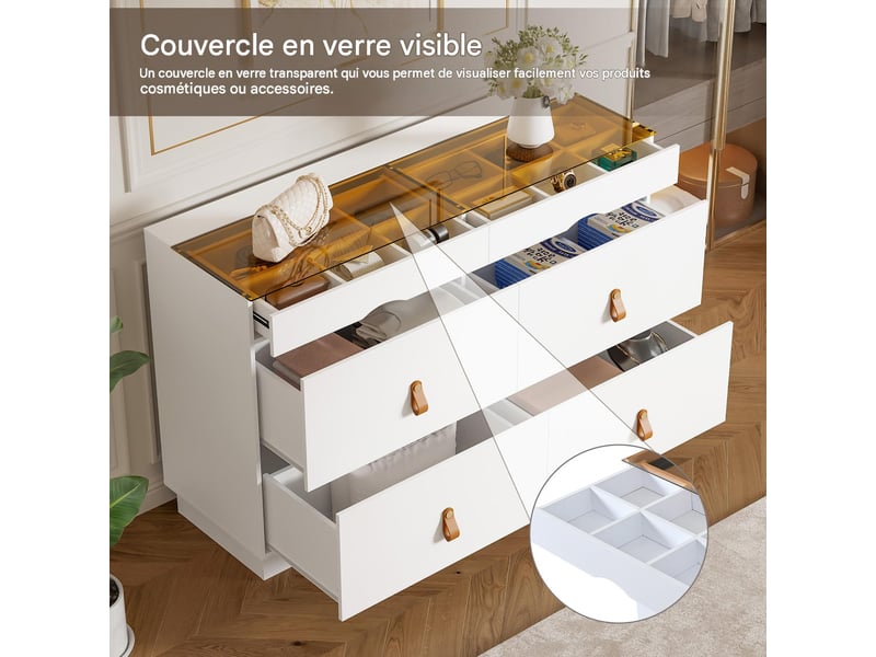  Commode 6 tiroirs avec plateau en verre en panneau de particules blanc 120x40x78 cm - pangivo  - Conforama D