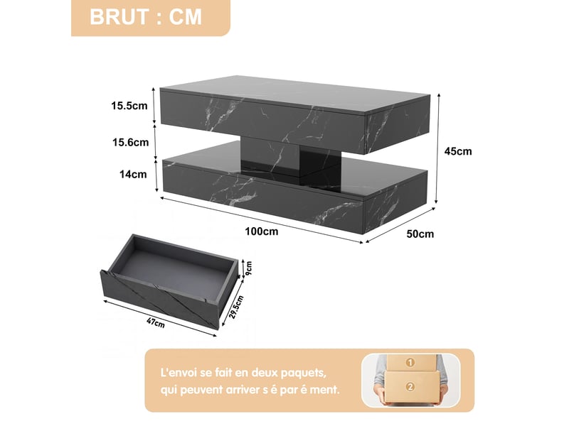  Table basse marbre noir –table basse rectangulaire  - éclairage led  – rangement double – 100×50×45 cm  - Conforama C