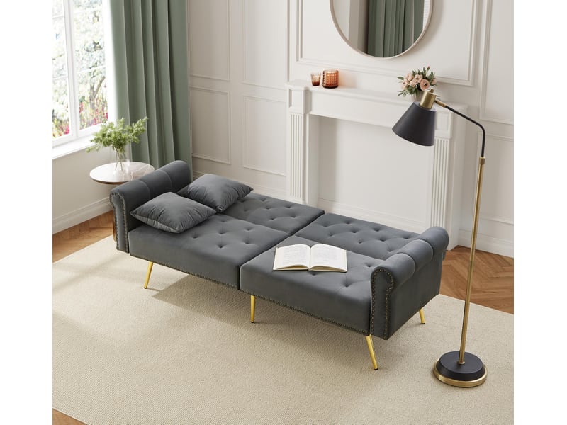 Canapé droit convertible - 2 places, design contemporain avec dossier multi-positions - revêtement velours, pieds métal - beige - Conforama C