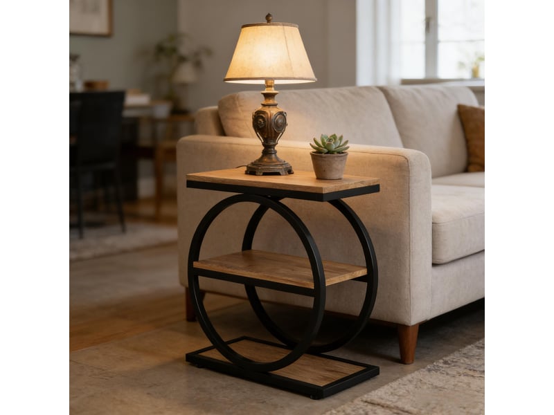  Table d'appoint 3 niveaux en mdf et métal noir et marron 60x30x65 cm  - Conforama B