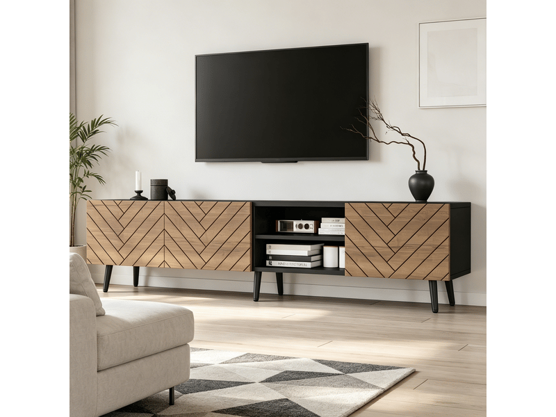  Meuble tv 180x33,5x45 cm - meuble bas tv avec rangements fermés, charnières silencieuses et passe-câbles, design moderne  - Conforama D
