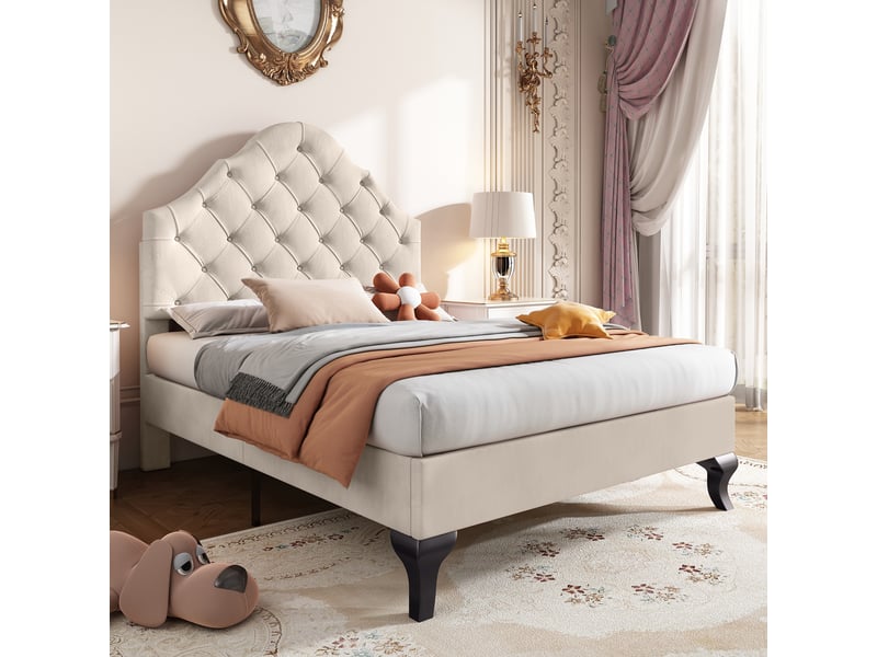  Lit enfant 90x200 cm avec sommier à lattes et tête de lit réglable en hauteur, lit simple, sommier à lattes en bois, montage facile, velours, beige  - Conforama D