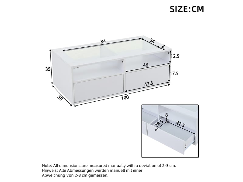 Table basse led 100 x 50 x 35 cm avec plateau en verre, 2 tiroirs, blanche  - Conforama C
