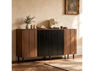 Buffet de cuisine 160x35x80 cm, 4 portes, panneau de particules couleur noyer et noir, meuble rangement salle à manger