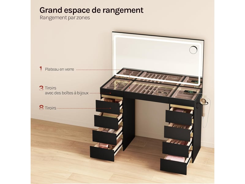  Coiffeuse avec miroir led, 11 tiroirs, station de charge, plateau en verre，112x40x133 cm，noir+doré  - Conforama C