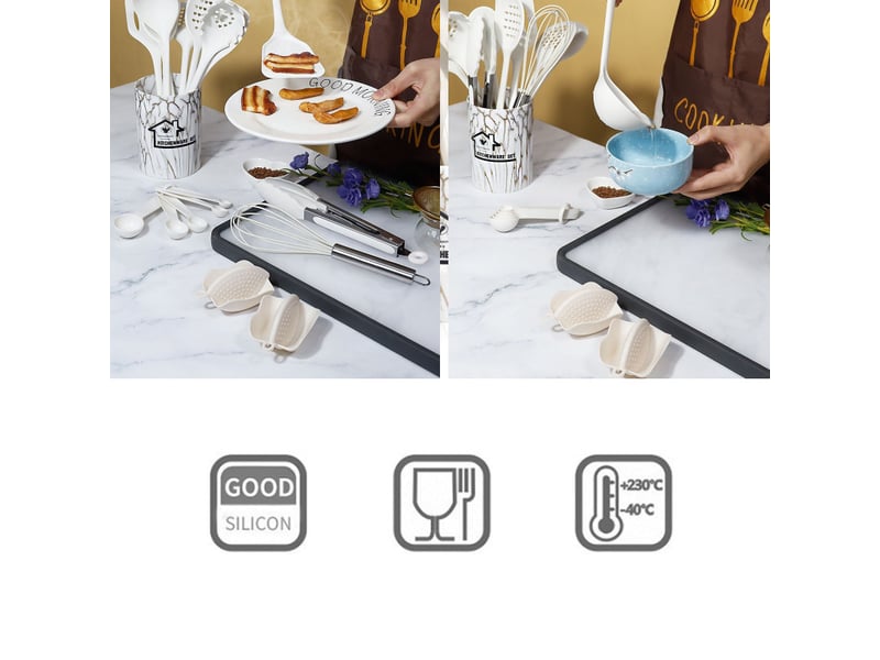  Ensemble ustensiles cuisine 18 pièces silicone résistant chaleur support manche bois blanc  - Conforama E