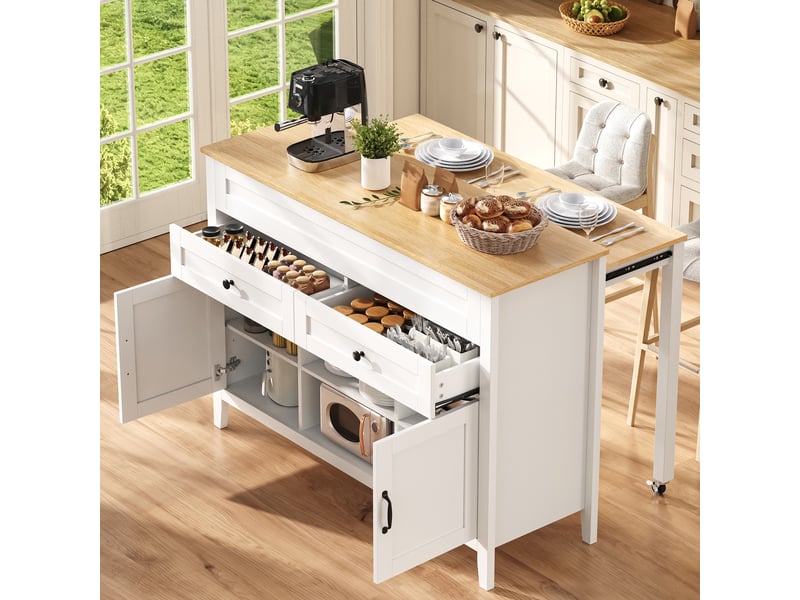  Îlot de cuisine 120 x 40-76 x 92 cm avec table coulissante, 2 tiroirs, 2 portes et rangements, blanc, en mdf robuste  - Conforama D