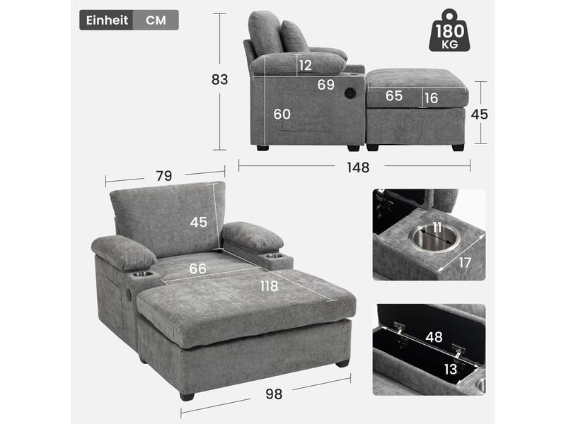 Fauteuil convertible avec repose-pieds pivotant et rangement - porte-gobelets, chenille gris - Conforama D