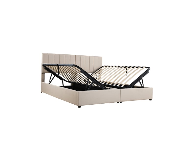  Lit coffre 180x200 cm, lit enfant capitonné hydraulique en lin beige, sans matelas  - Conforama E
