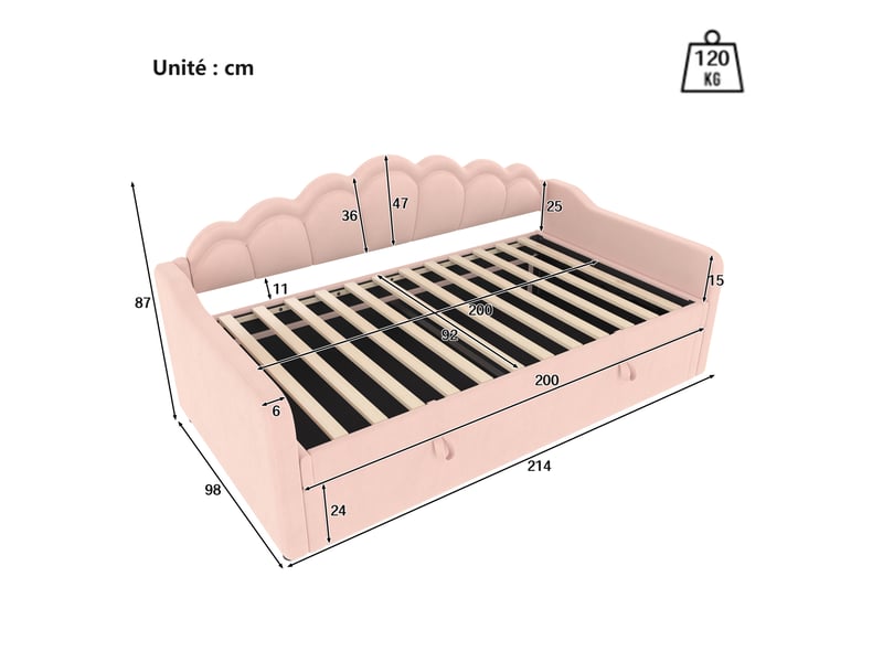Lit coffre 90x200 cm - lit banquette avec coffre hydraulique et éclairage led - sans matelas - revêtement en velours doux - rose - Conforama C