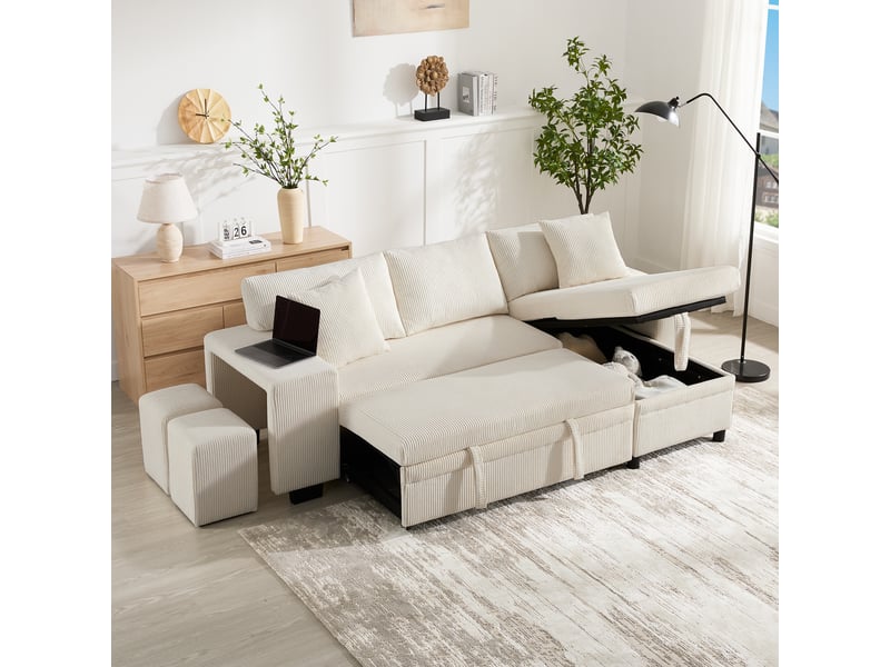 Canapé-lit d’angle convertible 3 places 231x131,5 cm avec coffre, ports usbusb-c, étagère latérale et 2 poufs - beige  - Conforama B